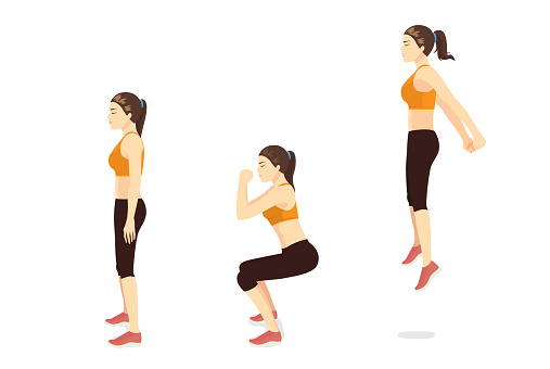 Exercise guide by Woman doing squat jump in 3 steps in side view for strengthens entire lower body. Illustration about workout.